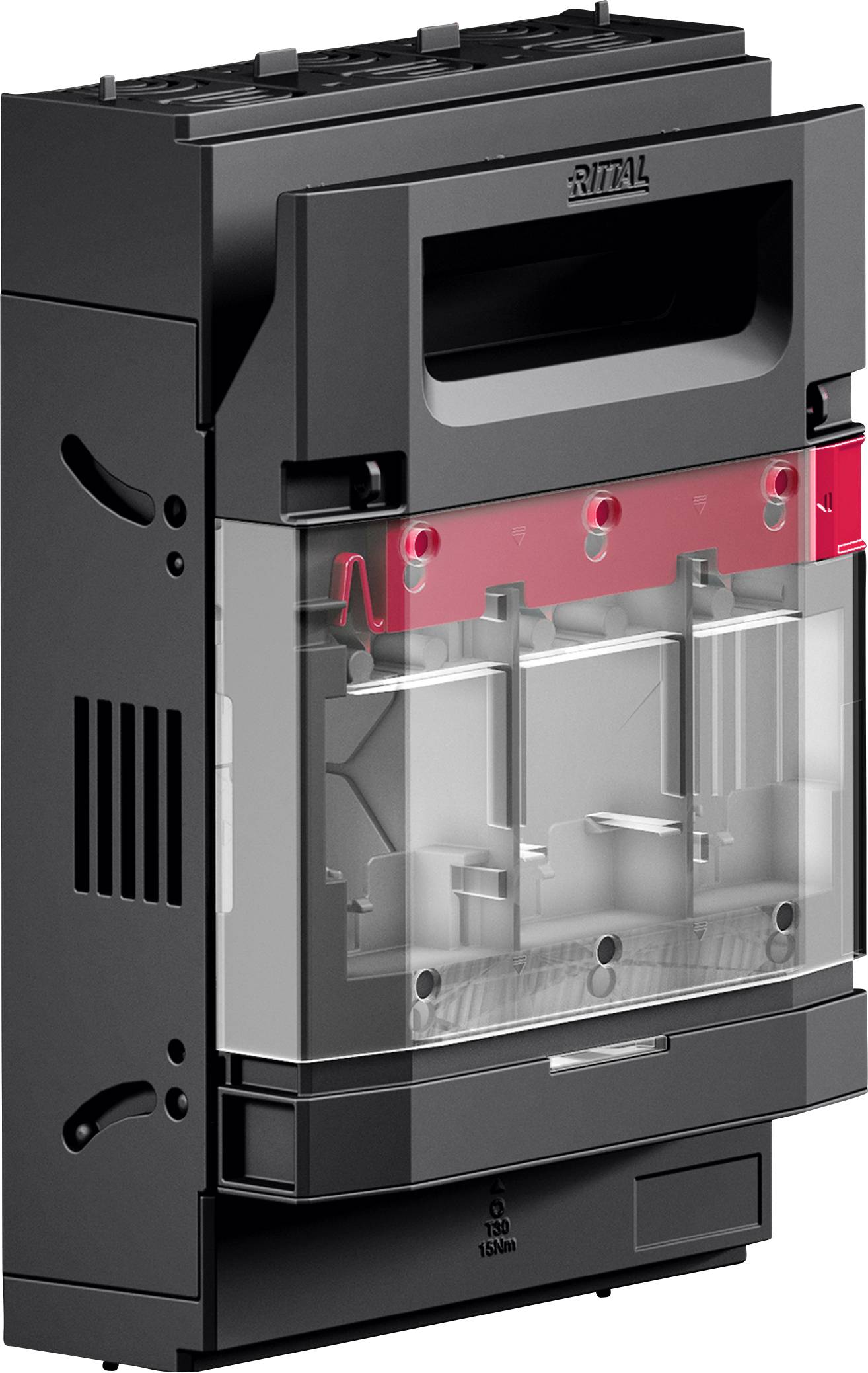 'Rittal electrical enclosure unit in black and gray with visible circuit mechanisms, featuring a transparent front panel and red highlights.'