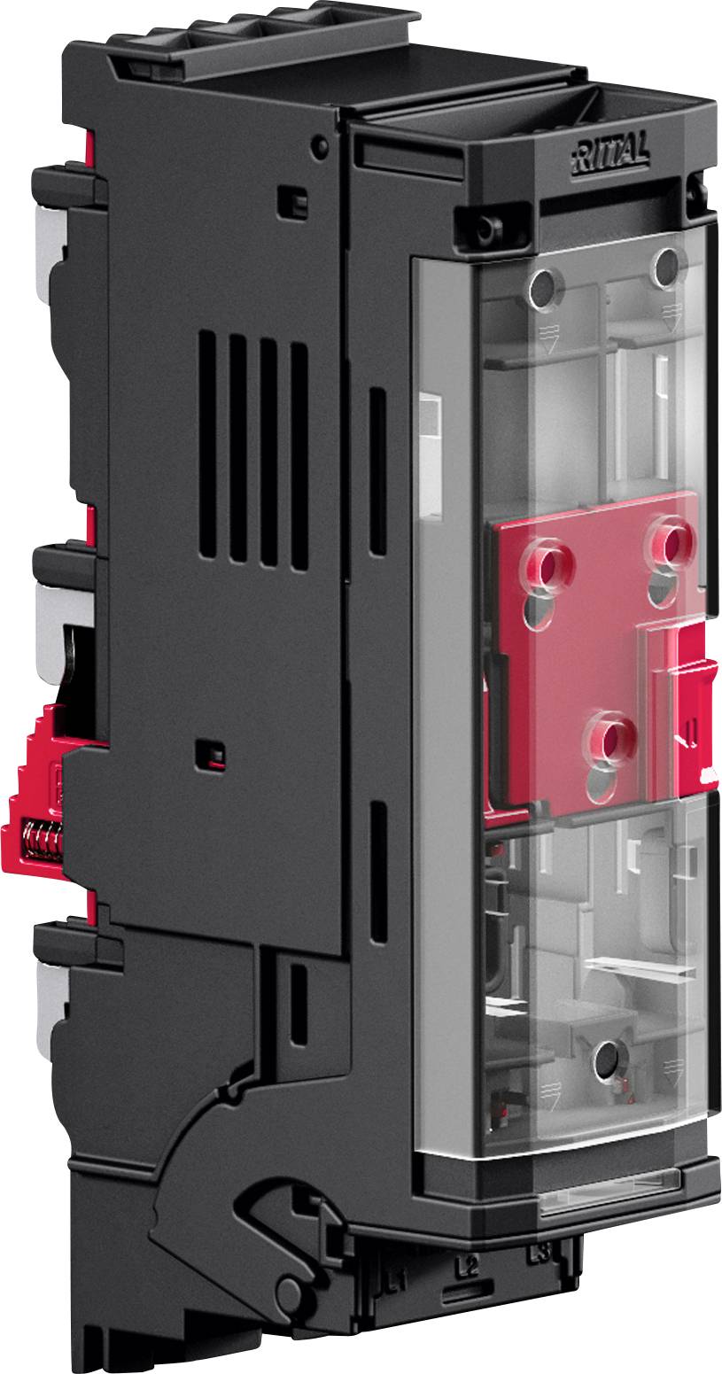 'Rittal' brand black and red industrial electrical component with transparent panel showing internal circuit elements.