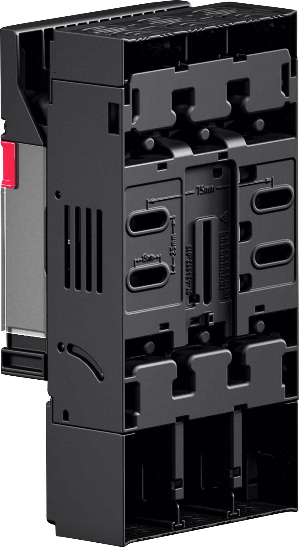 A black modular electrical component with labeled connections and locking mechanisms, designed for industrial or technical applications.