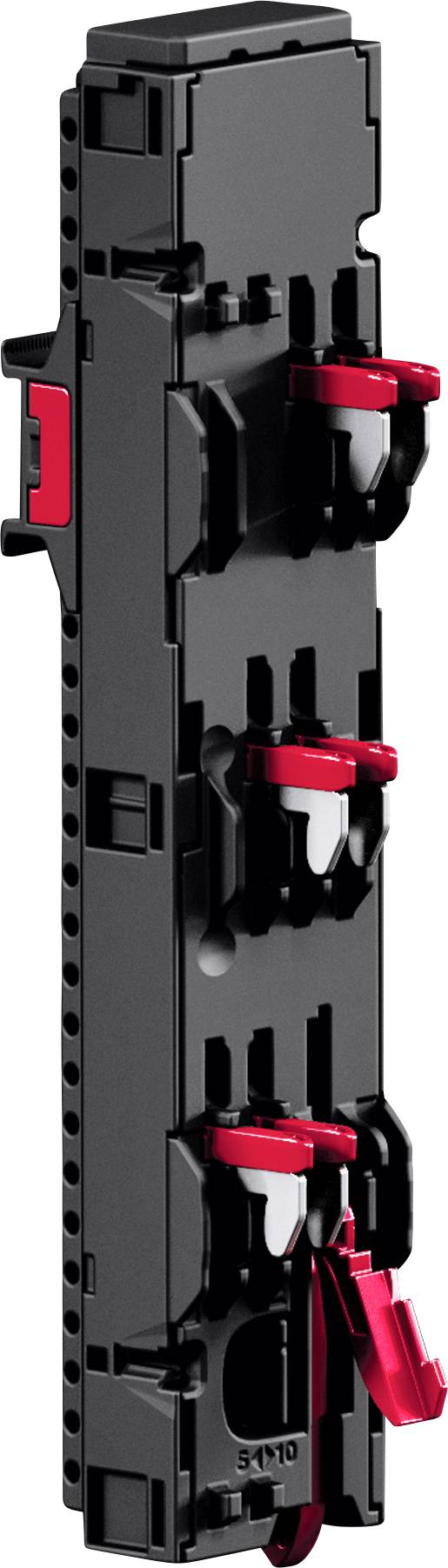 'Industrial component with black frame and three red switches on the front. Vertical orientation for electrical or mechanical use.'