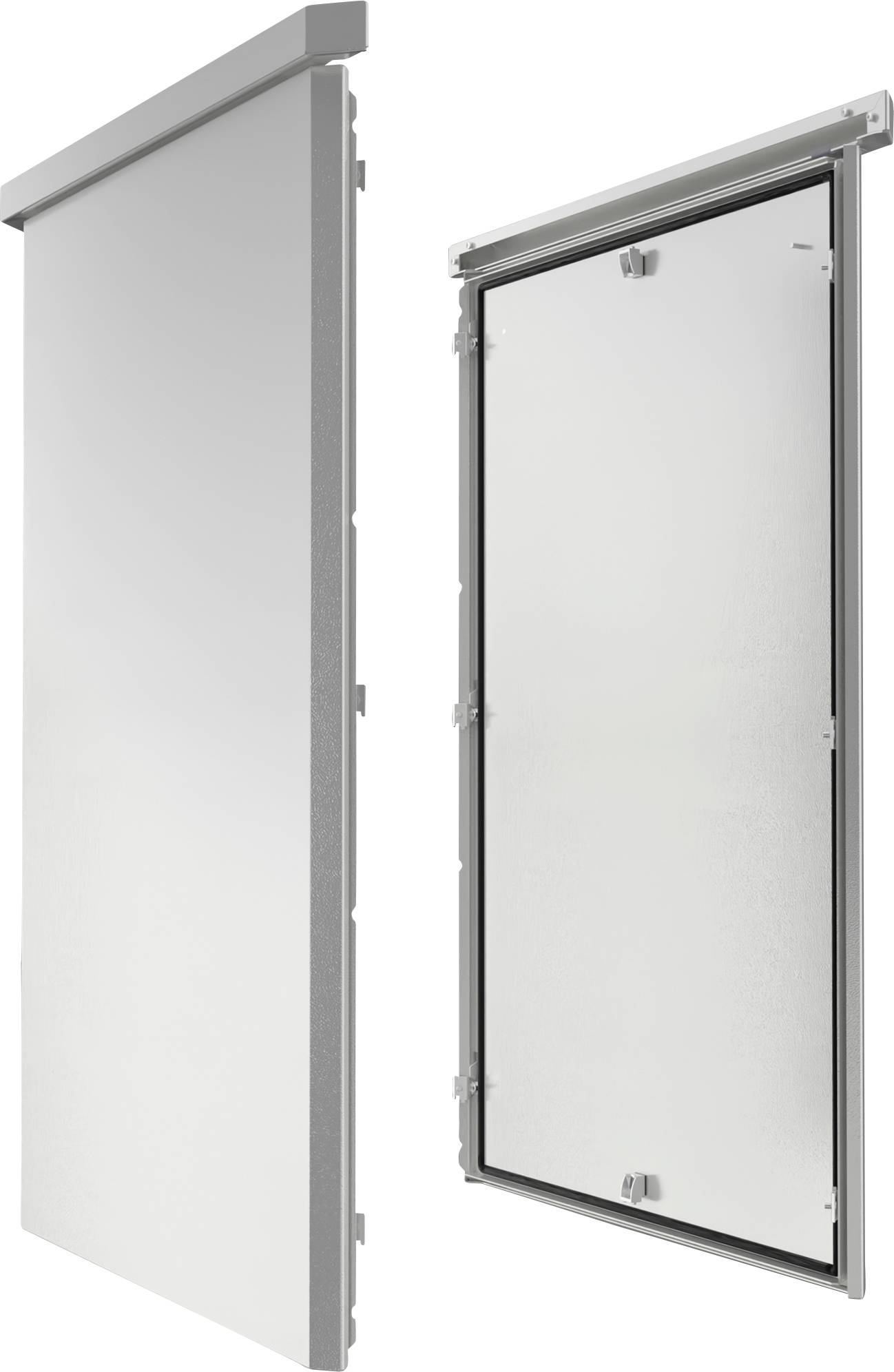 'Two views of a grey sliding door: closed and open, revealing a plain white surface. Door frame appears metallic.'