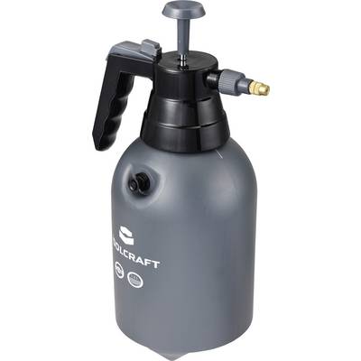 A gray spray bottle with a black handle and a brass nozzle, used for gardening or cleaning tasks, marked with brand logos.