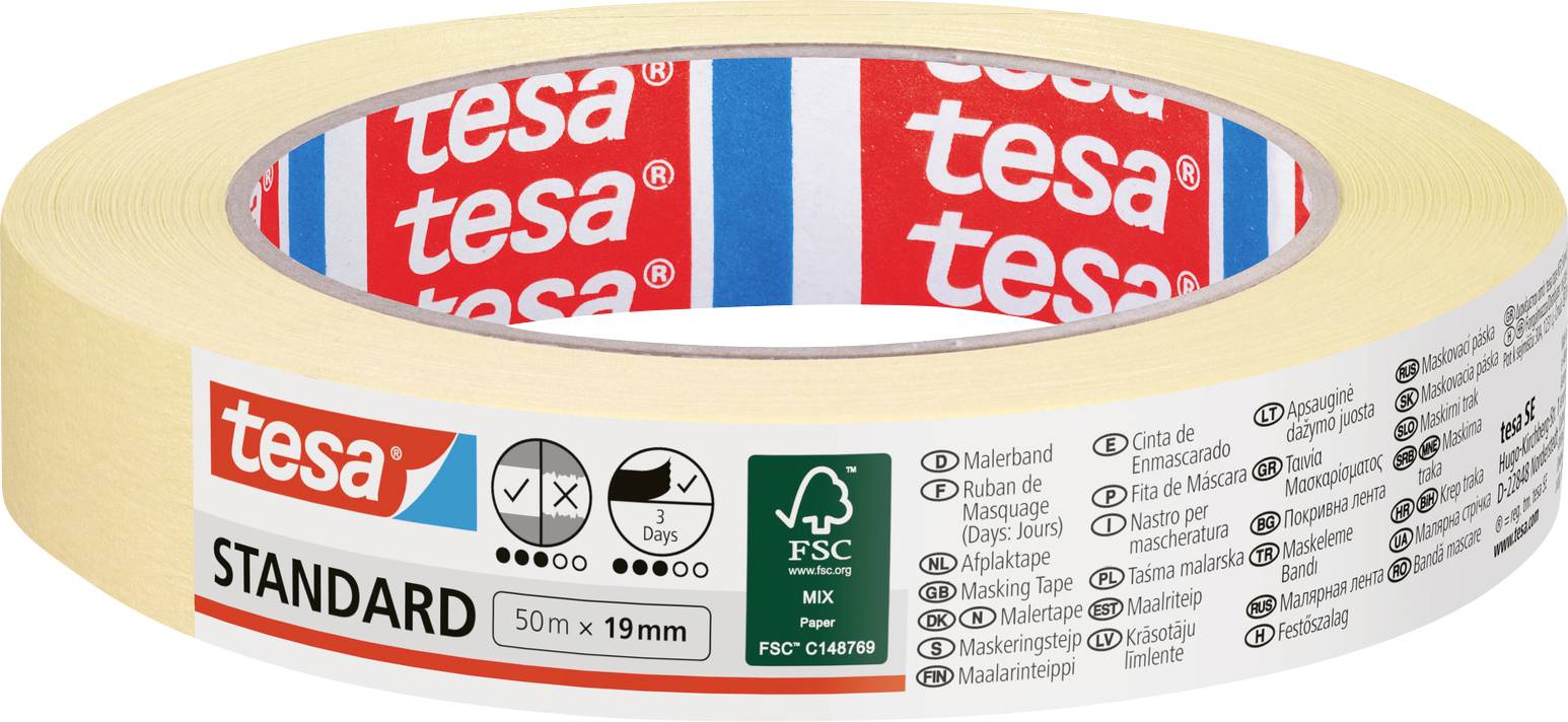 Adhesive tape roll with 'tesa STANDARD' branding, 50m x 19mm. Cream-colored surface with branded packaging details visible.