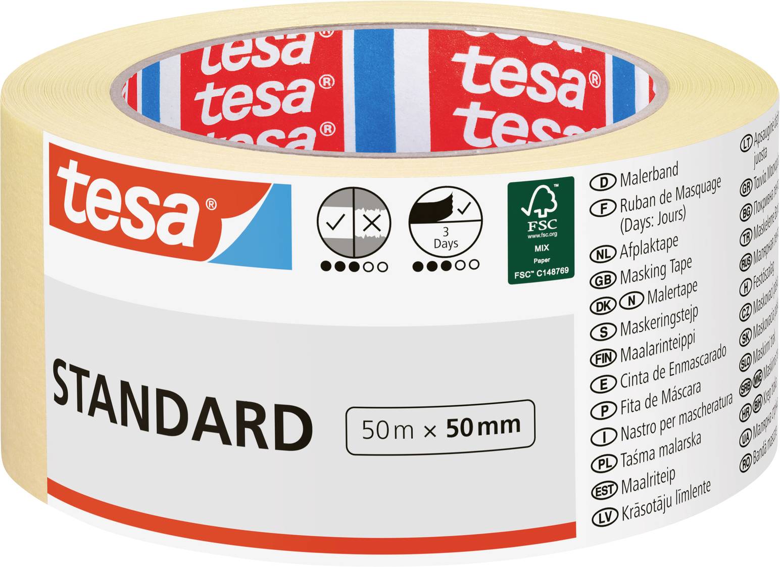 A roll of tesa standard masking tape with '50m x 50mm' written on the label, showing different language translations for masking tape.