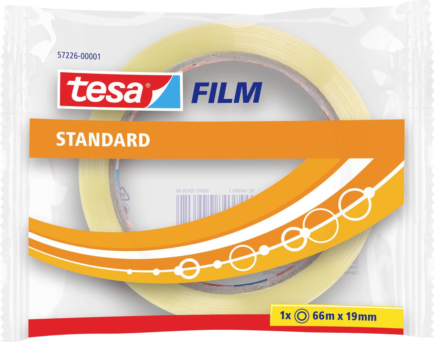 'Tesa Standard' adhesive tape in packaging, measures 66m x 19mm, with a transparent film.