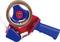 A blue and red handheld packing tape dispenser with a brown roll of tape, used for sealing boxes and parcels.