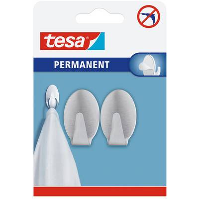The image shows a packaging of Tesa permanent hooks. Two metal hooks are displayed alongside a cloth hanging from one hook. No drilling symbol.