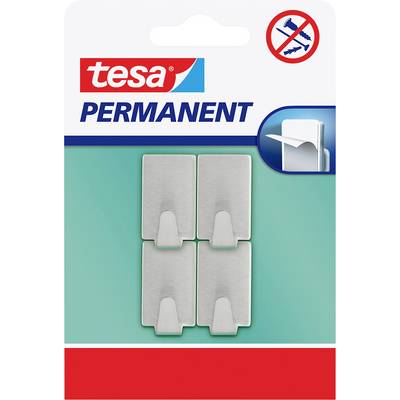 'Pack of four tesa permanent adhesive hooks, no drilling needed, shown on a blue-green background.'