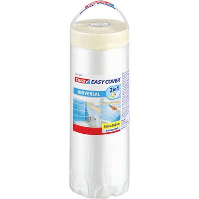 Rolled 'tesa Easy Cover Universal 2 in 1'; includes tape and protective film for painting, 15 m x 260 cm; shown with application image.