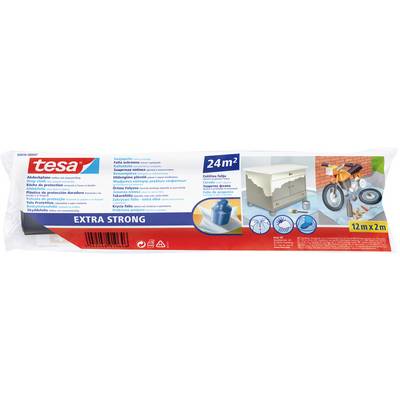 Packaging of 'tesa' extra strong protective cover, measuring 12m x 2m, suitable for various surfaces like furniture and bikes, covers 24m².