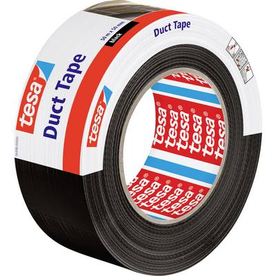 A roll of black duct tape with a 'tesa Duct Tape' label, showing dimensions 50 mm x 50 m, designed for strong adhesion and durability.
