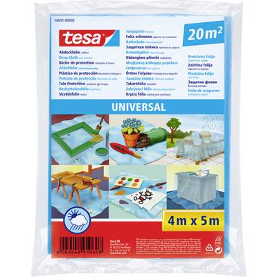 A package of Tesa Universal drop cloth, labeled in multiple languages. The dimensions are '4m x 5m', covering '20m²'.