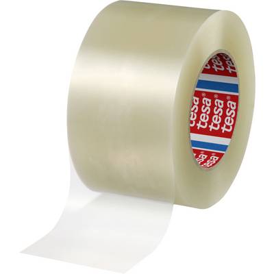 A roll of transparent adhesive tape with white and red branding on the inside. The tape is partially unrolled, showing its smooth texture.