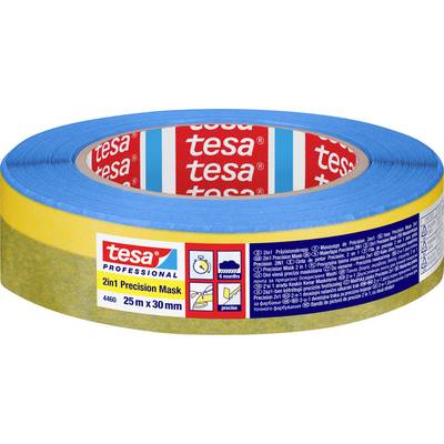 A blue and yellow 'tesa Professional 2in1 Precision Mask' tape roll, 25m x 30mm, labeled for precise masking with up to 6 months of reliability.