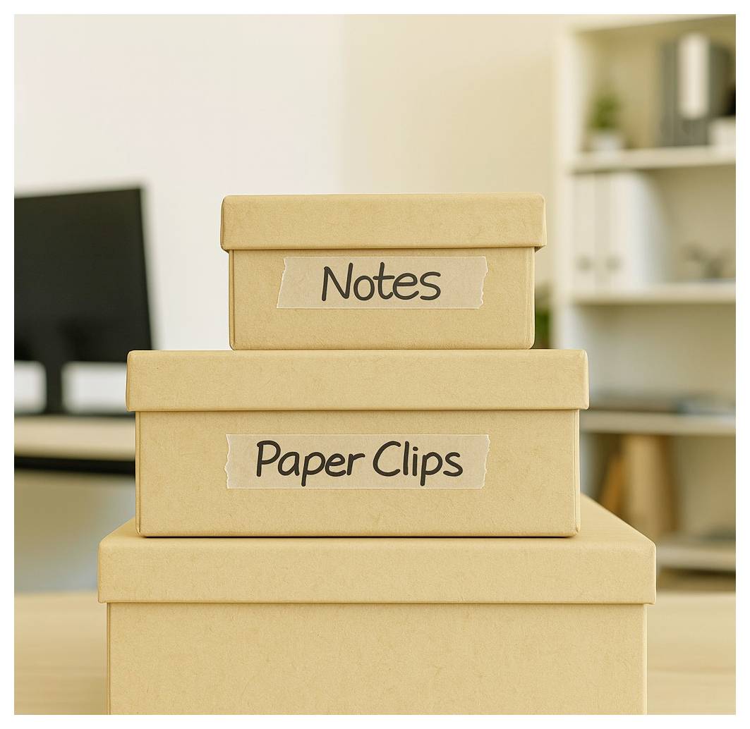 Stacked brown boxes labeled 'Notes' and 'Paper Clips' on a desk in an office setting, with shelves and a monitor in the background.