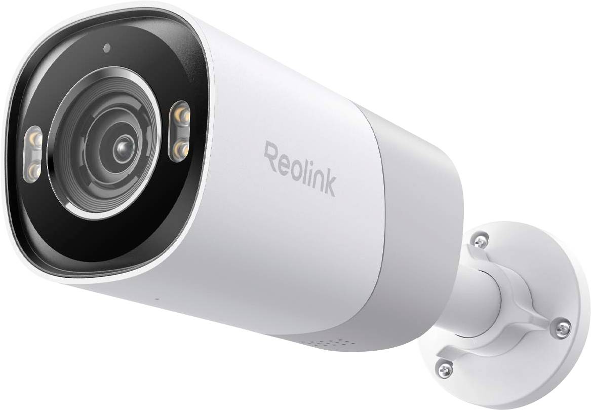A white security camera mounted on a wall, featuring infrared lights and a lens, with the brand name 'Reolink' visible on the side.