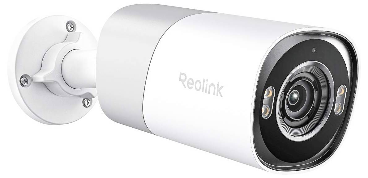 A white Reolink security camera with a cylindrical body, mounted on a wall bracket, featuring a prominent lens and LED lights.