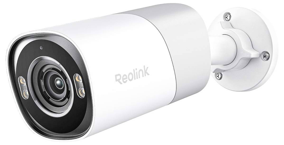 A white security camera mounted on a wall bracket, labeled 'Reolink', with a lens and infrared sensors visible.