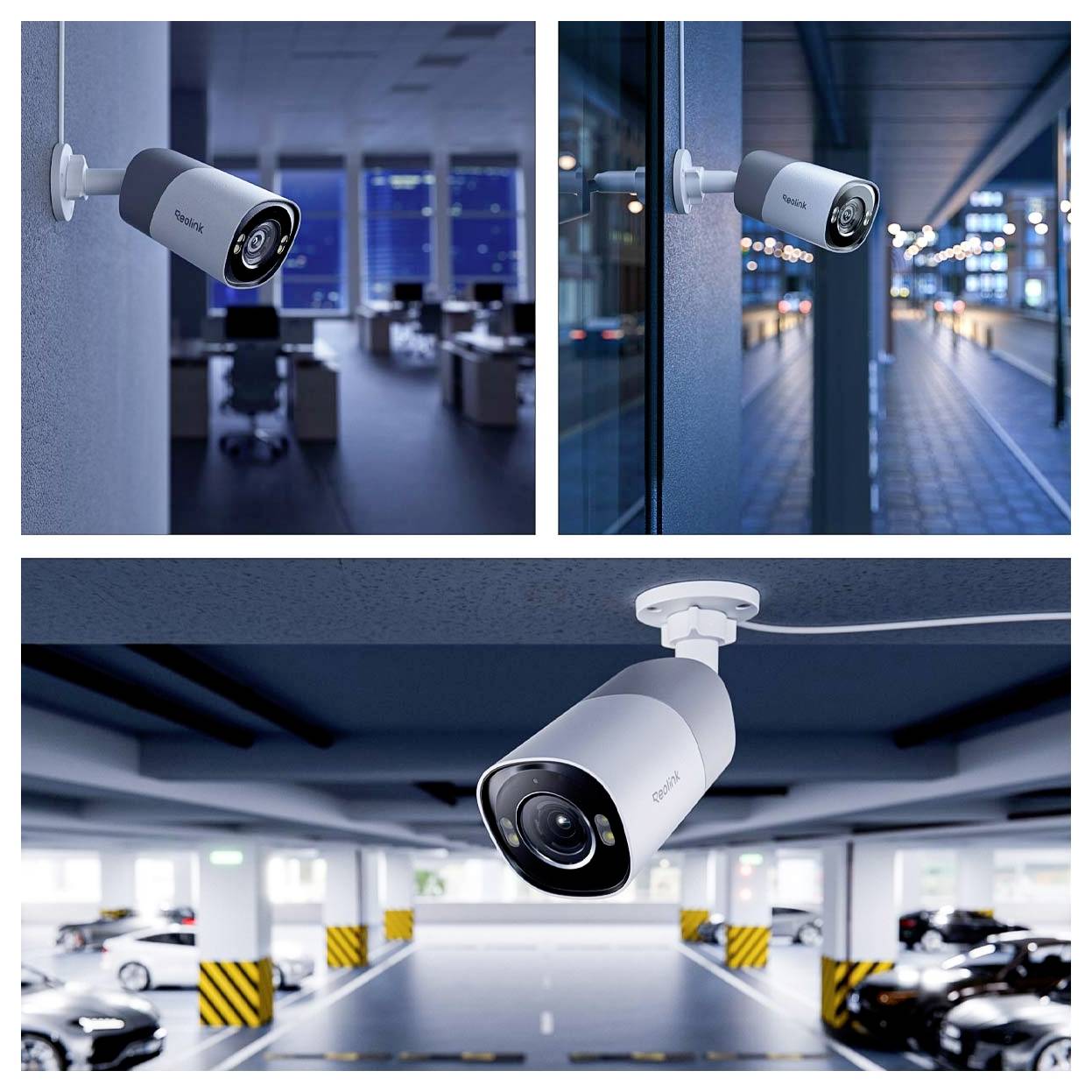 Security cameras in various settings: an office, a corridor, and a parking garage, highlighting surveillance technology and coverage.