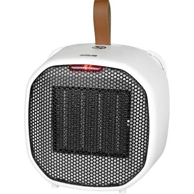 A small, portable electric heater with a mesh front, white casing, and a brown leather loop handle on top.