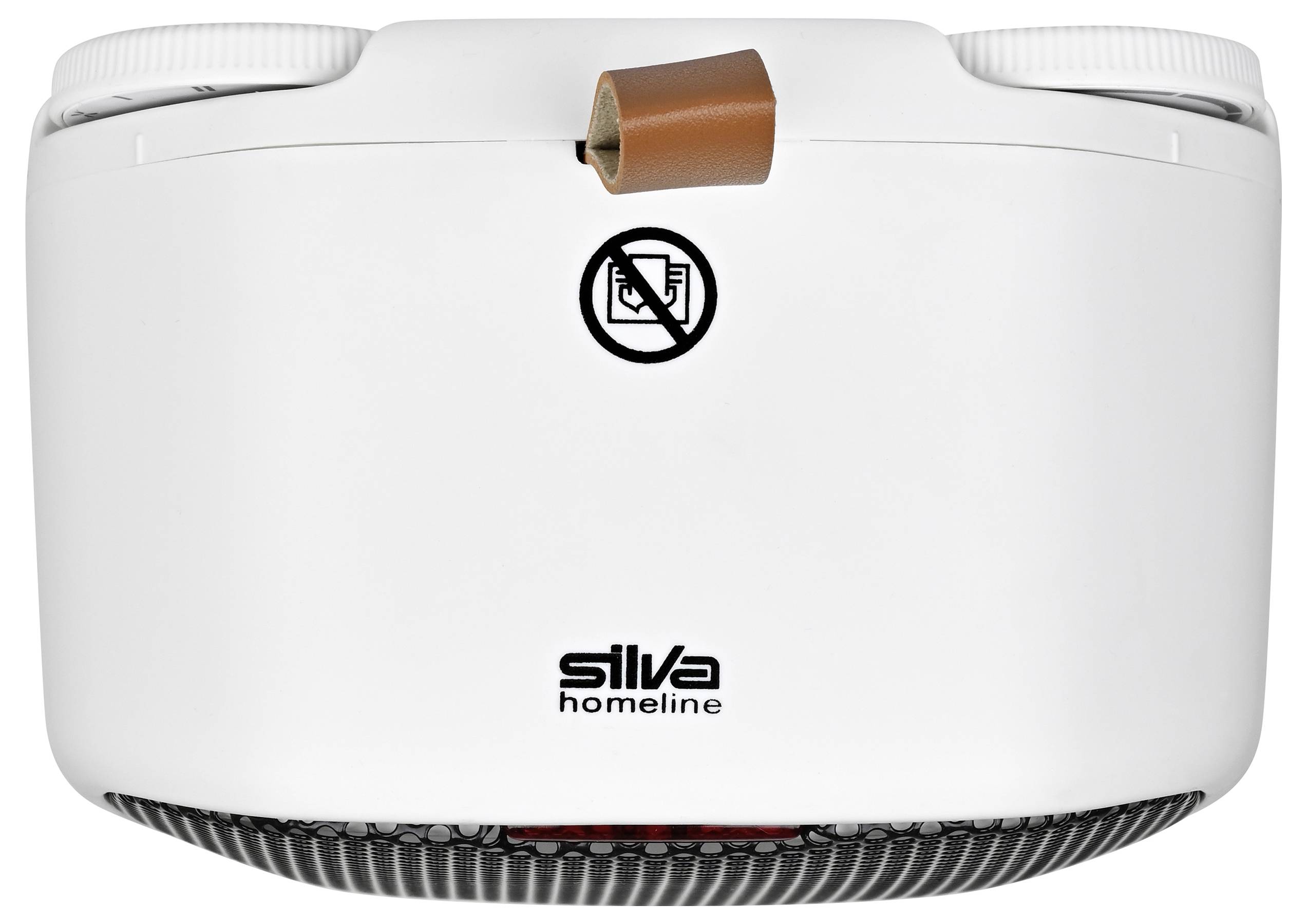 A white smoke detector with the brand 'Silva Homeline' shown. There is a brown cylindrical object on top and a no camera symbol displayed.