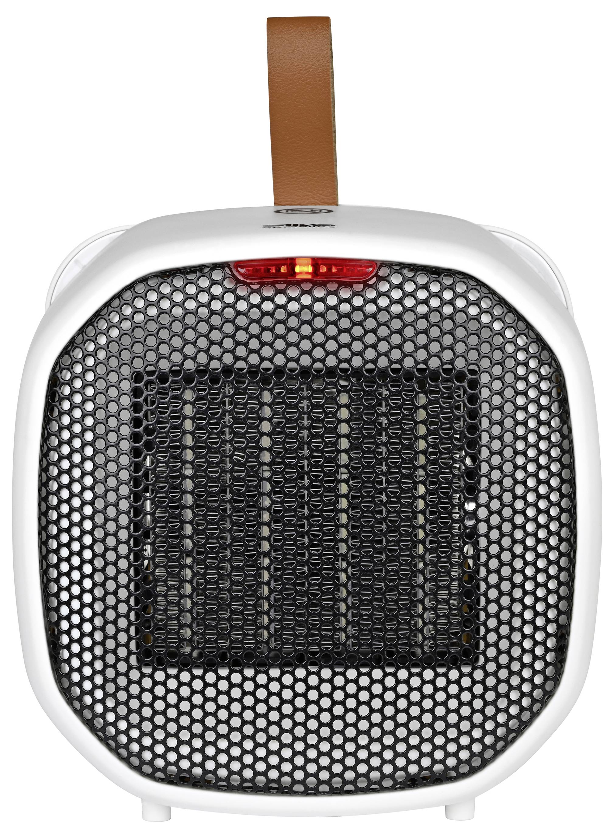 A portable electric heater with a black mesh front, white casing, and a brown carrying strap is switched on, displaying a red indicator light.