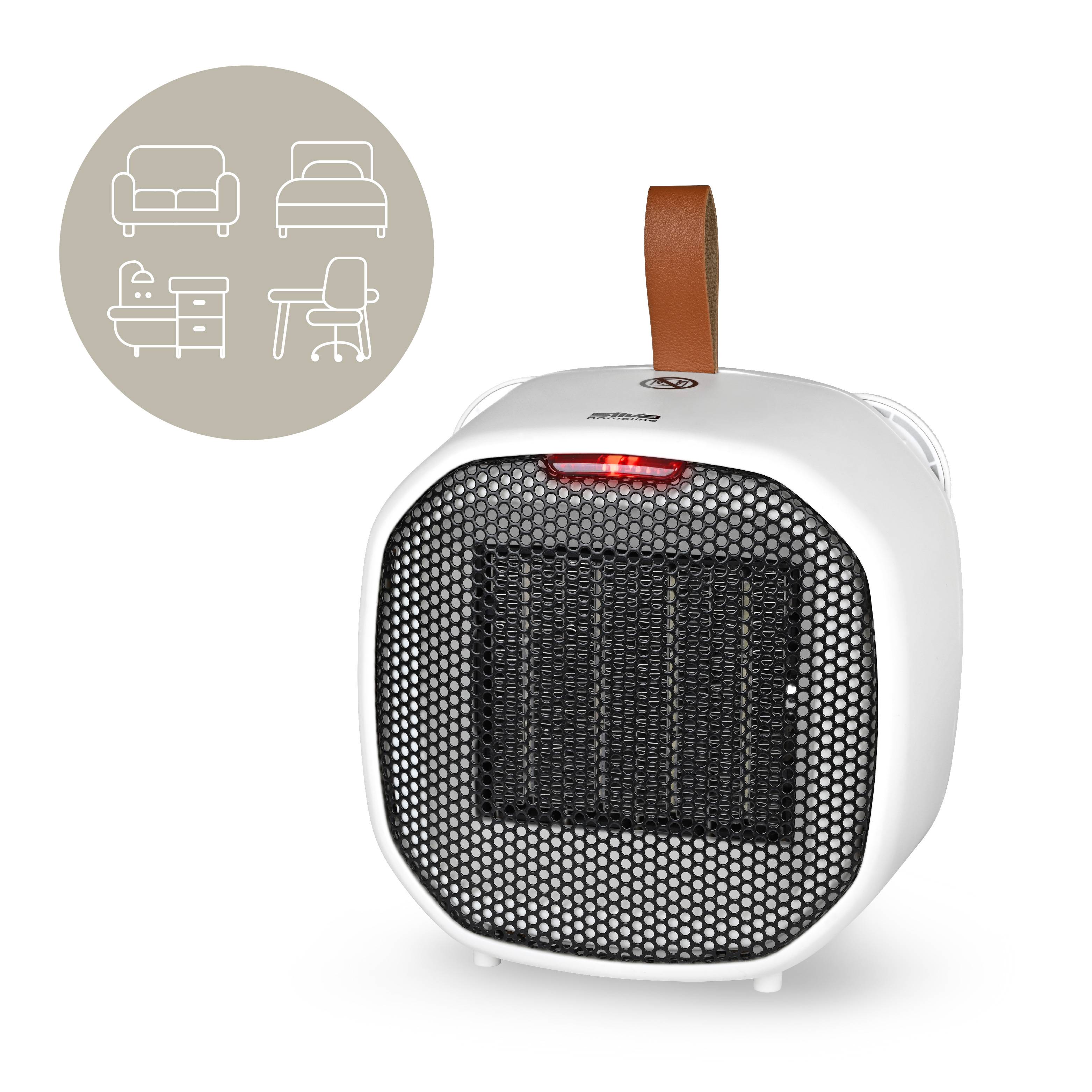A small, portable electric heater with a handle. An icon nearby shows it can be used in living rooms, bedrooms, and offices.