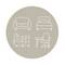 A beige circle contains simple white line drawings of a sofa, bed, desk, and office chair, representing home furniture.