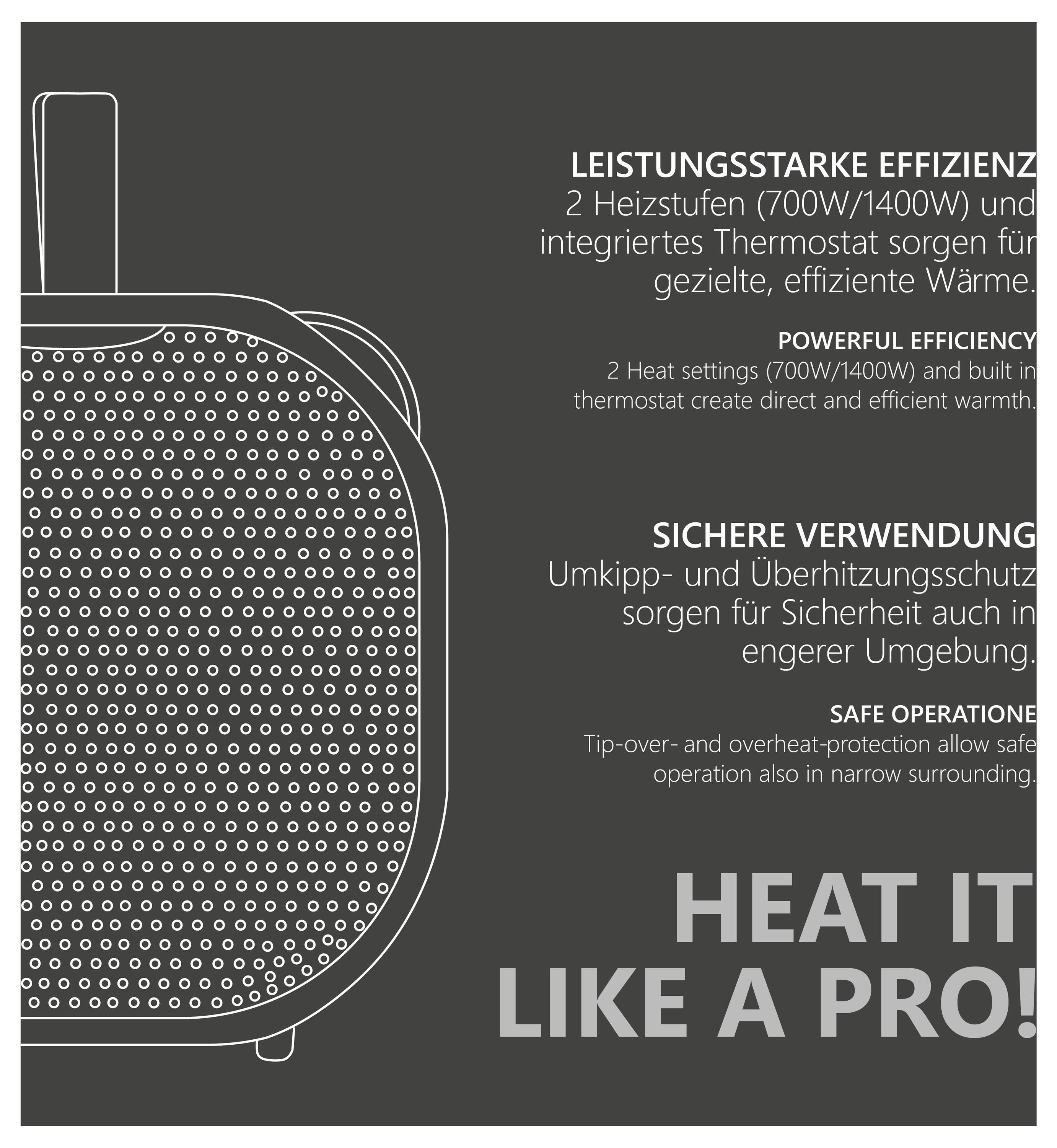 'POWERFUL EFFICIENCY' with 2 heat settings, 700W/1400W. 'SAFE OPERATION' includes tip-over and overheat protection. Text in white on a gray background with partial heater graphic.