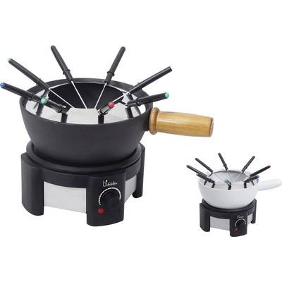 A black electric fondue set with skewers is positioned next to a smaller white one. Both have wooden handles and temperature dials.