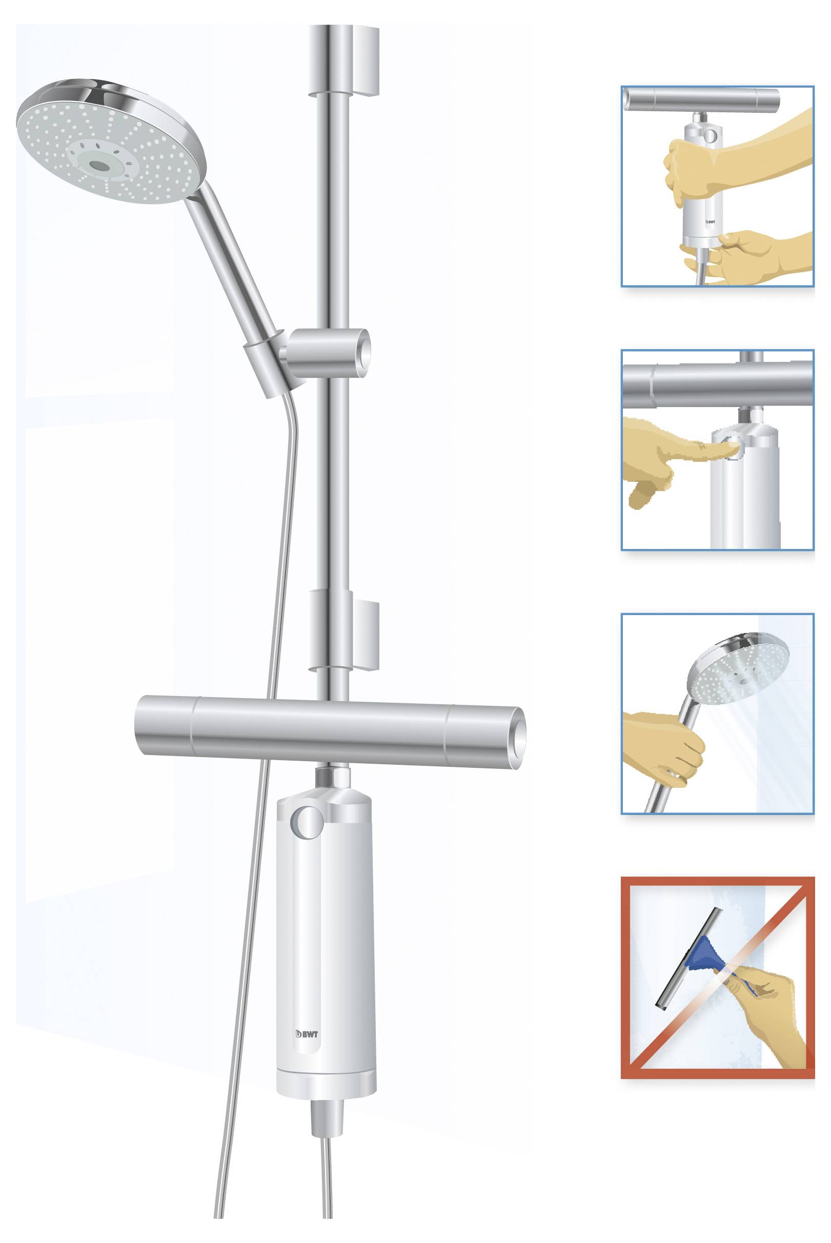 Shower set installation: adjust shower rail height, fasten with screws, clean with water only, avoid using abrasive tools for cleaning.