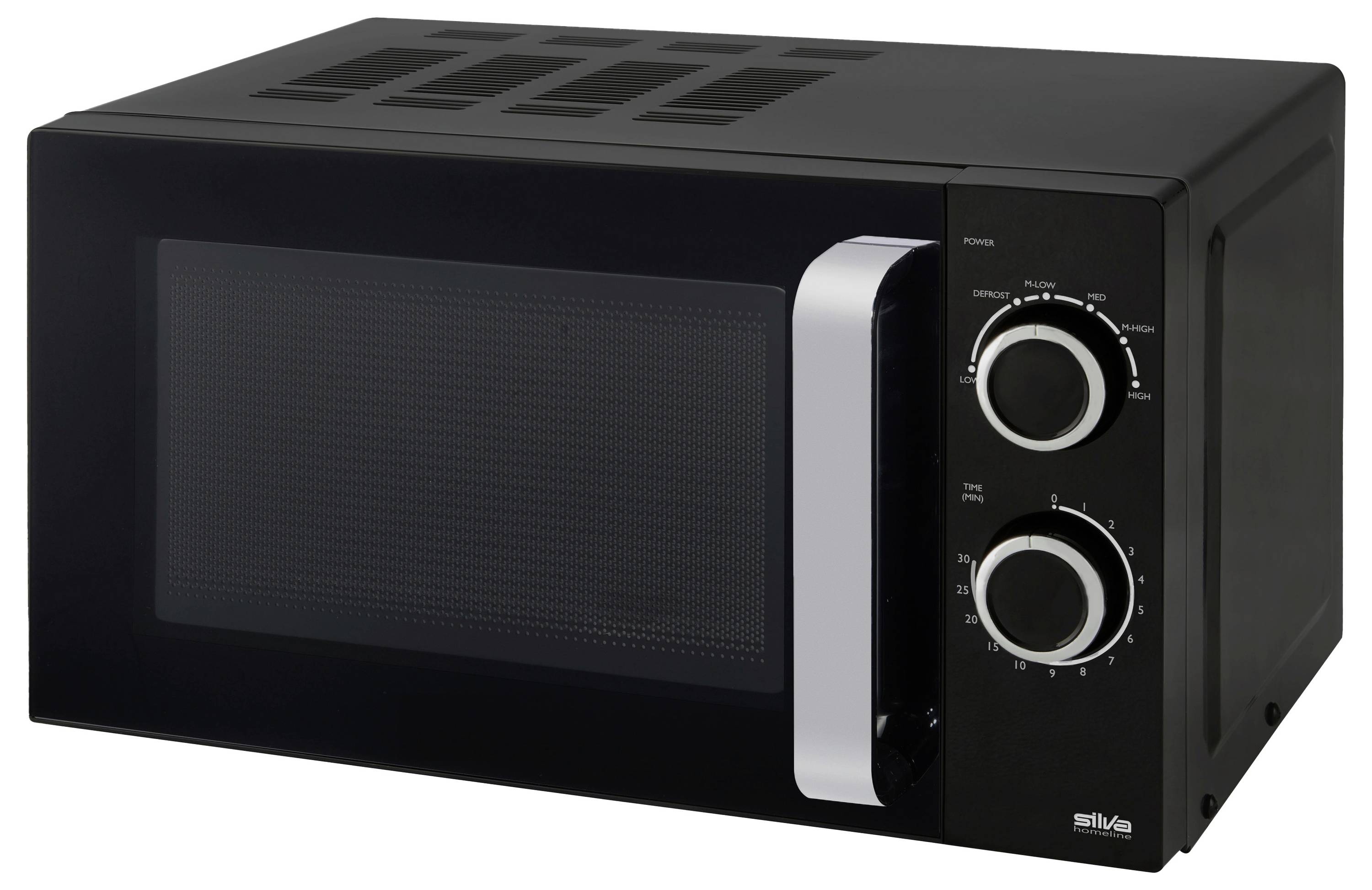 Black microwave oven with dual control knobs on the right for timer and power settings, featuring a mesh window on the front door.