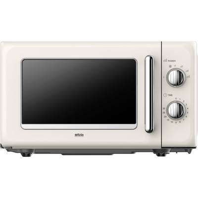 A modern, cream-colored microwave with two chrome dials for power and time settings, suitable for a stylish kitchen environment.