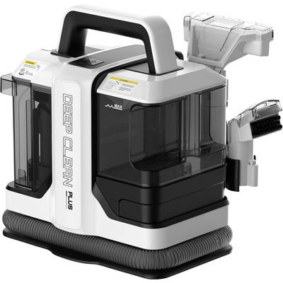 A portable carpet cleaner with a handle, labeled 'DEEP CLEAN PLUS', featuring dual water tanks and a hose attachment for spot cleaning.