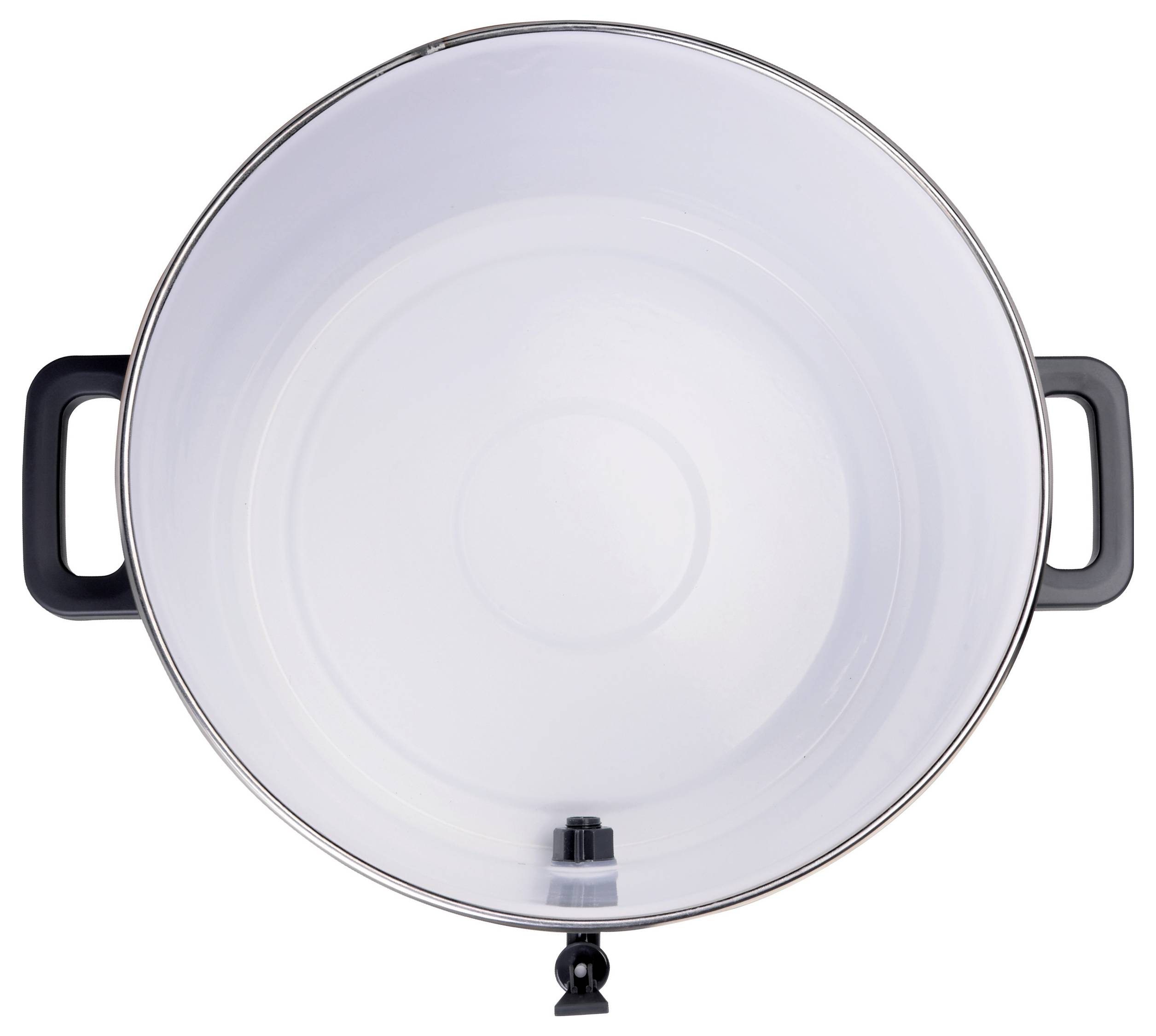 Top view of a large white container with black handles and a spout at the bottom, likely used for dispensing liquids.