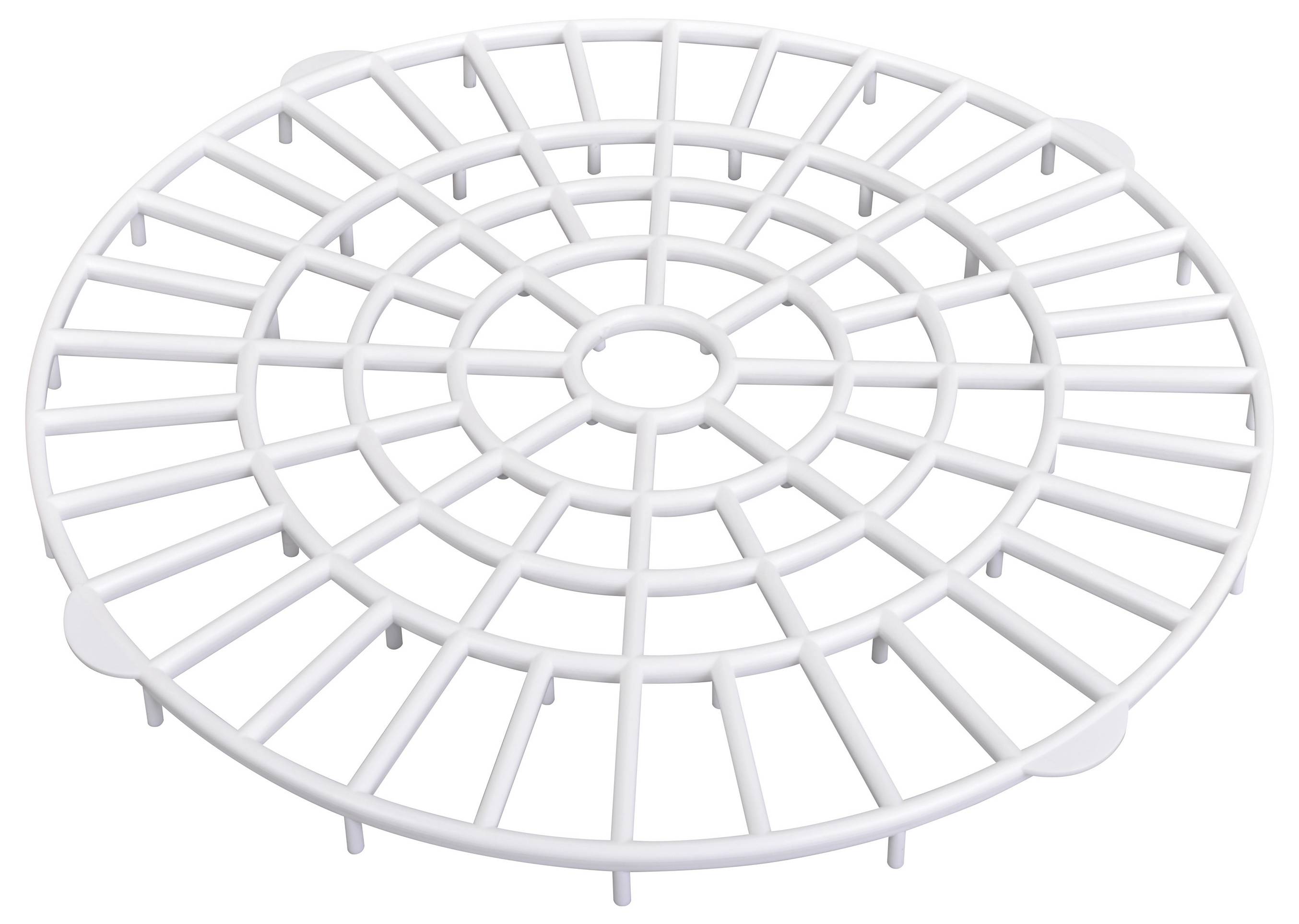 A white, round plastic grid plate with concentric circles and radial spokes, likely used for support or aeration purposes.