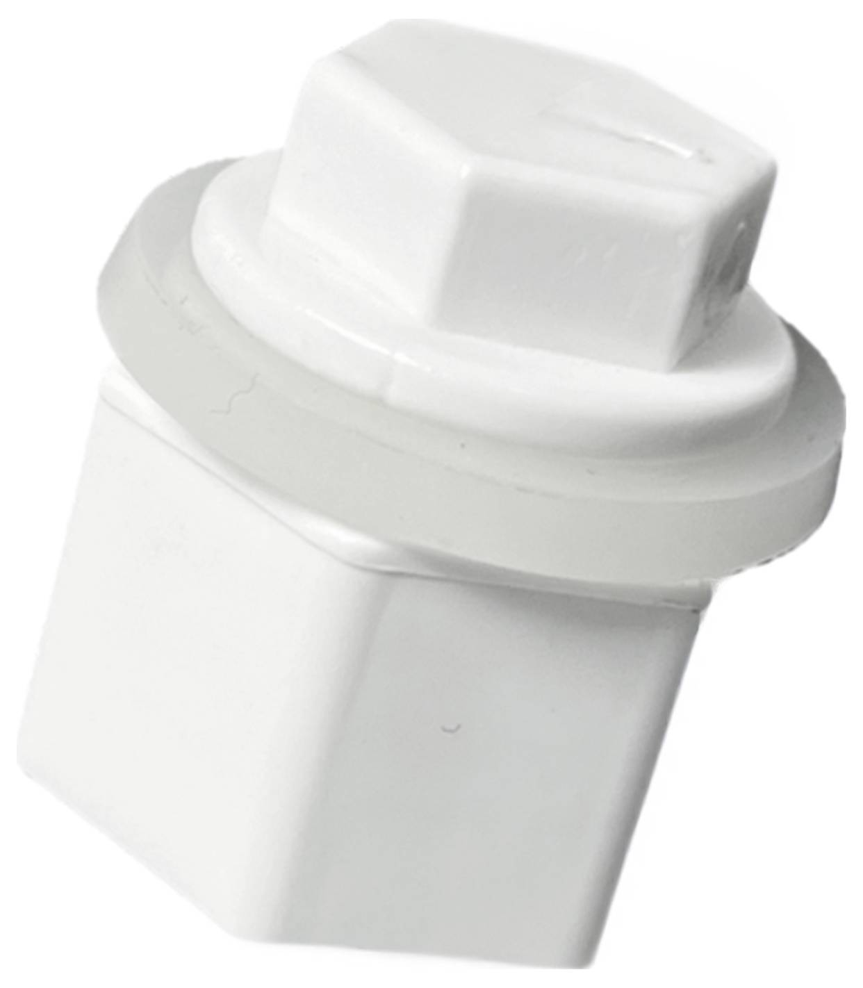 A white plastic hexagonal bolt with a round, flat washer attached beneath the head, used for securing parts or components.