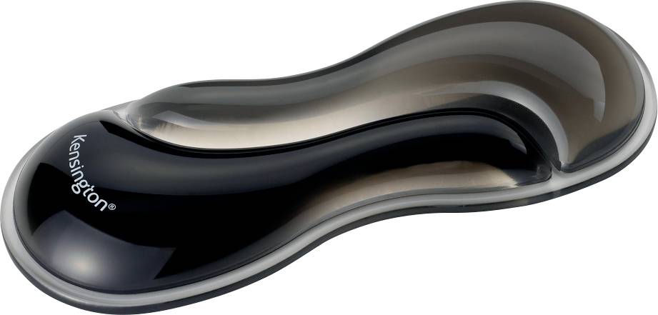 Ergonomically designed black wrist rest for computer keyboards, featuring a curved shape and 'Kensington' branding.