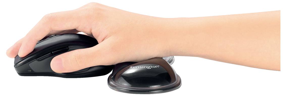 A hand resting on a black computer mouse and palm rest, showing ergonomic use for comfort during extended computer work.