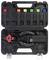 A black tool case containing a red and black hydraulic crimping tool, with six color-coded crimping dies in red, orange, yellow, green, blue, and black.