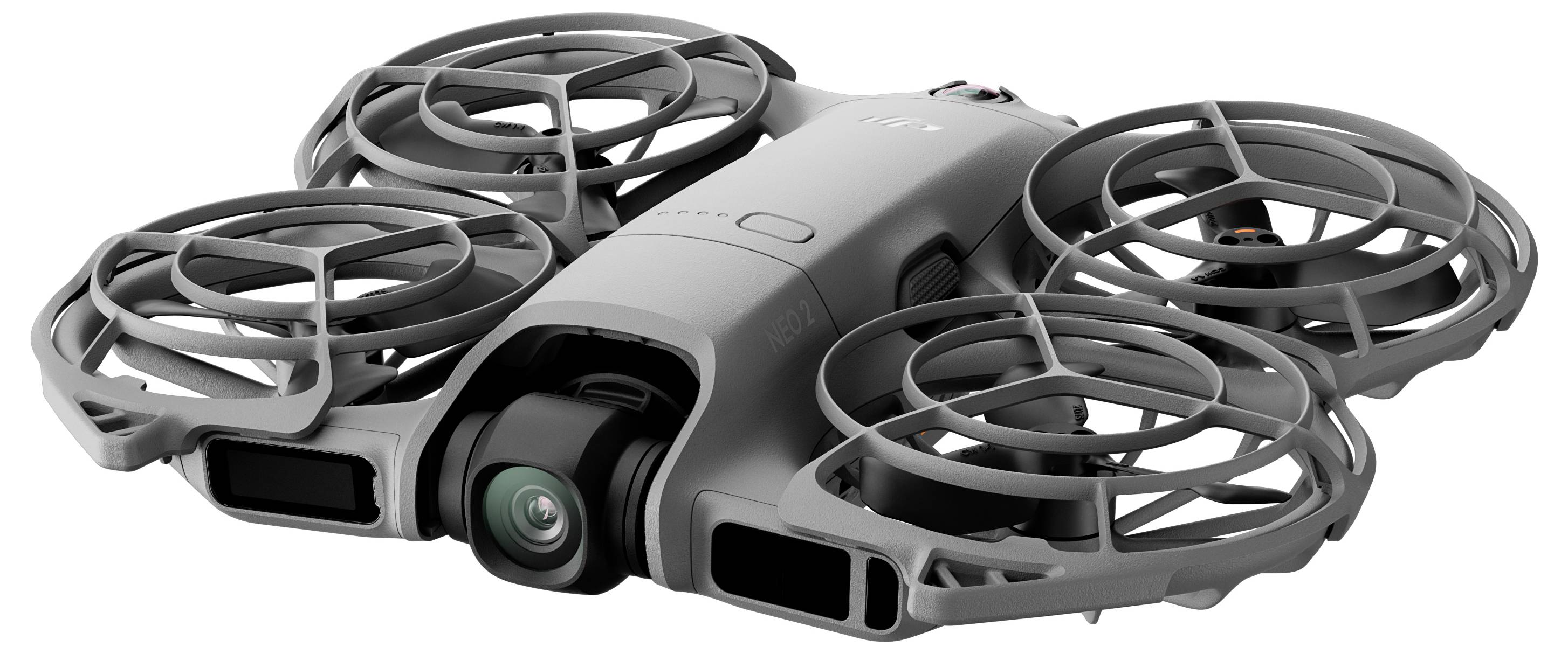 'A compact, gray drone with four circular propeller guards and a central camera, designed for aerial photography and videography.'