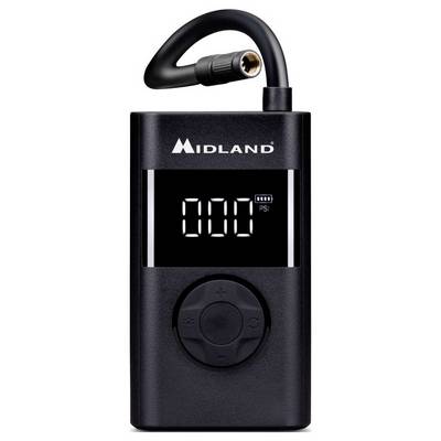 A black digital tire inflator with a display showing '000 PSI', a control dial, and a connected air hose. Branding reads 'Midland'.