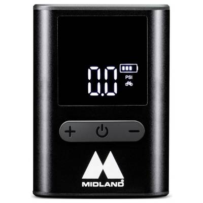 'Digital tire pressure gauge displaying 0.0 PSI with a bicycle icon and plus/minus buttons below. Brand logo 'MIDLAND' at bottom.'