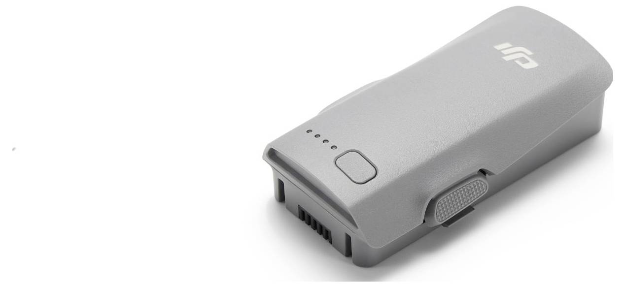 A grey drone battery with a logo on top, featuring an LED power indicator and safety latch on the side.