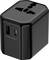 A black universal travel adapter with multiple plug socket options and USB ports, suitable for charging various electronic devices.