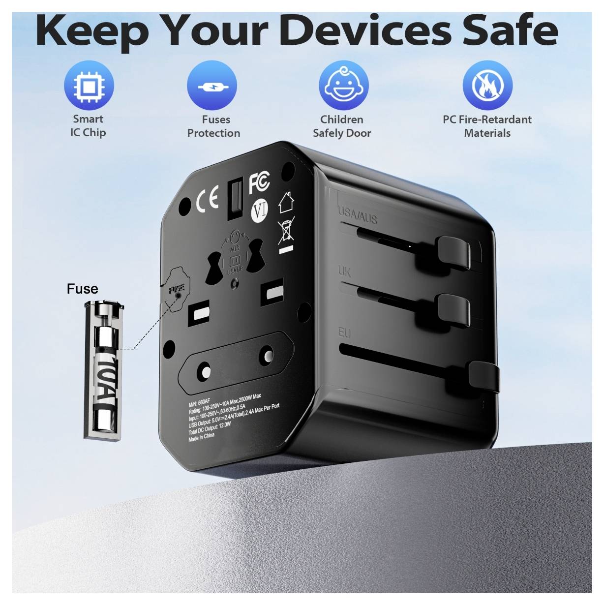 A universal travel adapter demonstrating plug compatibility for various countries, with safety features like fuse protection and fire-retardant materials.