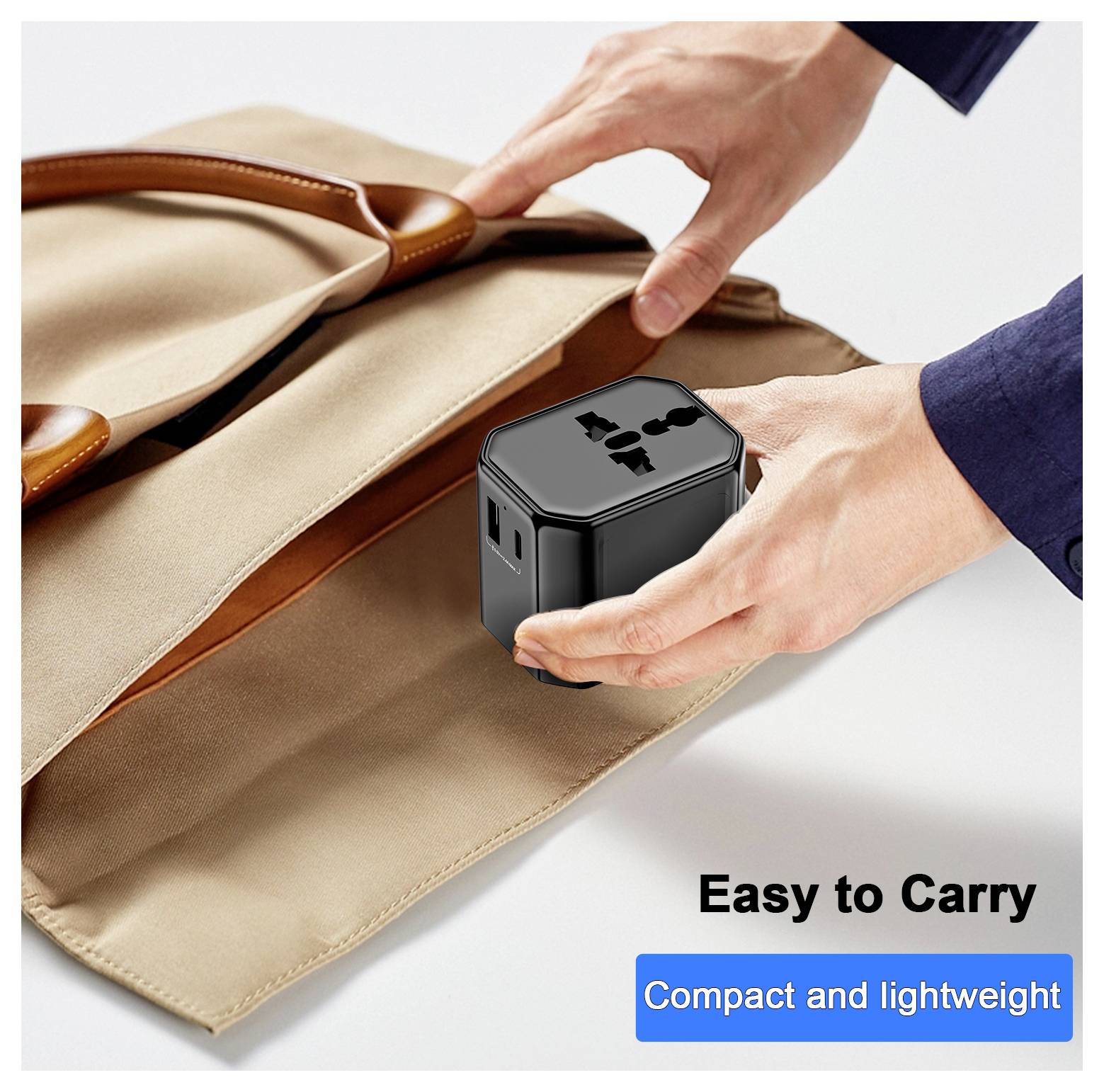 A person places a compact, black travel adapter into a beige bag. Text reads 'Easy to Carry' and 'Compact and lightweight'.