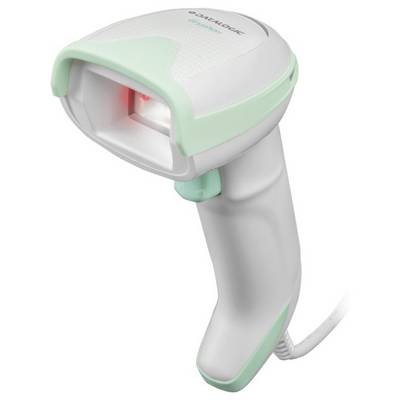 A handheld barcode scanner with a white and mint green design, featuring a red scanning light, typically used for reading barcodes.