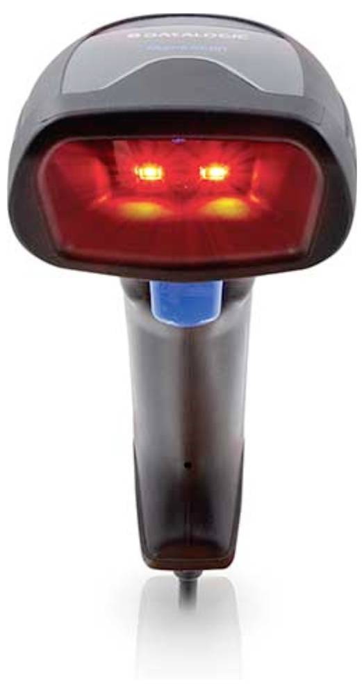 Handheld barcode scanner with a red scanning light, used for reading barcodes in retail or inventory management settings.