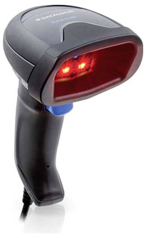 A handheld barcode scanner with a red light inside the scanning window, designed for reading barcodes in various settings.